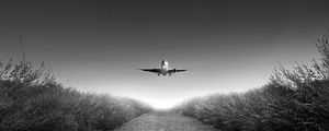 Preview wallpaper airplane, takeoff, bw, starry sky, photoshop