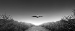 Preview wallpaper airplane, takeoff, bw, starry sky, photoshop