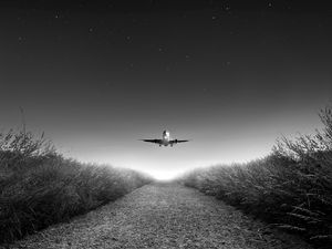 Preview wallpaper airplane, takeoff, bw, starry sky, photoshop