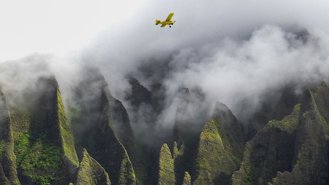 Wallpaper airplane, waterfall, rocks, fog, sea, relief