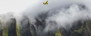 Preview wallpaper airplane, waterfall, rocks, fog, sea, relief