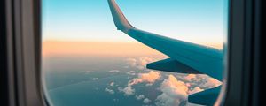 Preview wallpaper airplane, window, porthole, wing, clouds, view