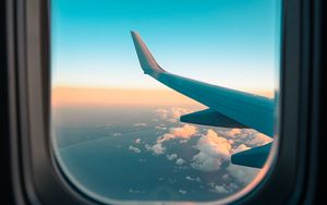 Preview wallpaper airplane, window, porthole, wing, clouds, view