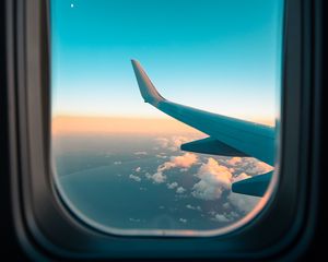 Preview wallpaper airplane, window, porthole, wing, clouds, view