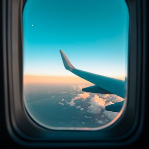 Preview wallpaper airplane, window, porthole, wing, clouds, view