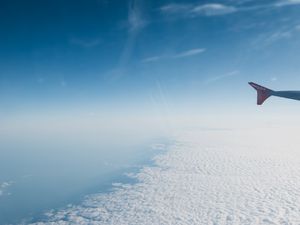 Preview wallpaper airplane, wing, clouds, sky, view