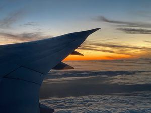 Preview wallpaper airplane, wing, clouds, flight, sky, sunset, dawn