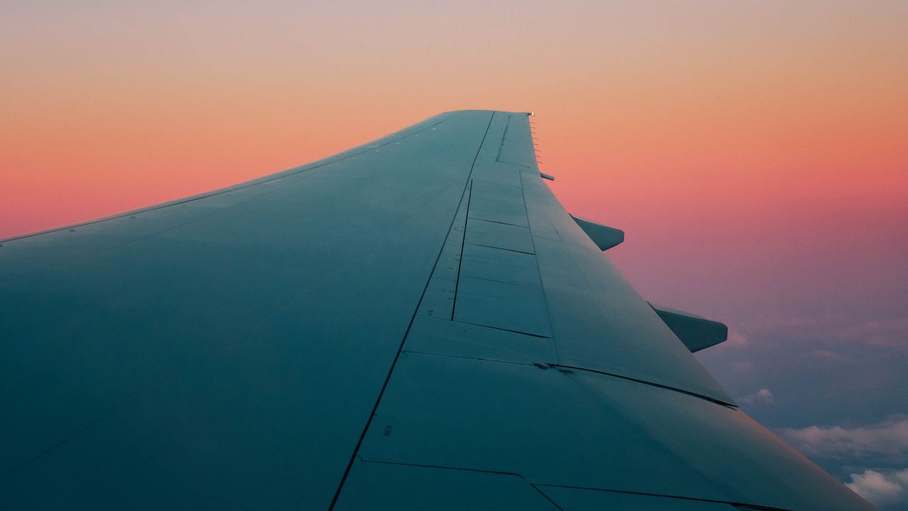 Wallpaper airplane wing, plane, sky, flight, clouds