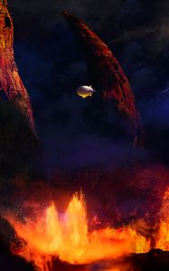 Preview wallpaper airship, rocks, lava, art