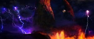 Preview wallpaper airship, rocks, lava, art