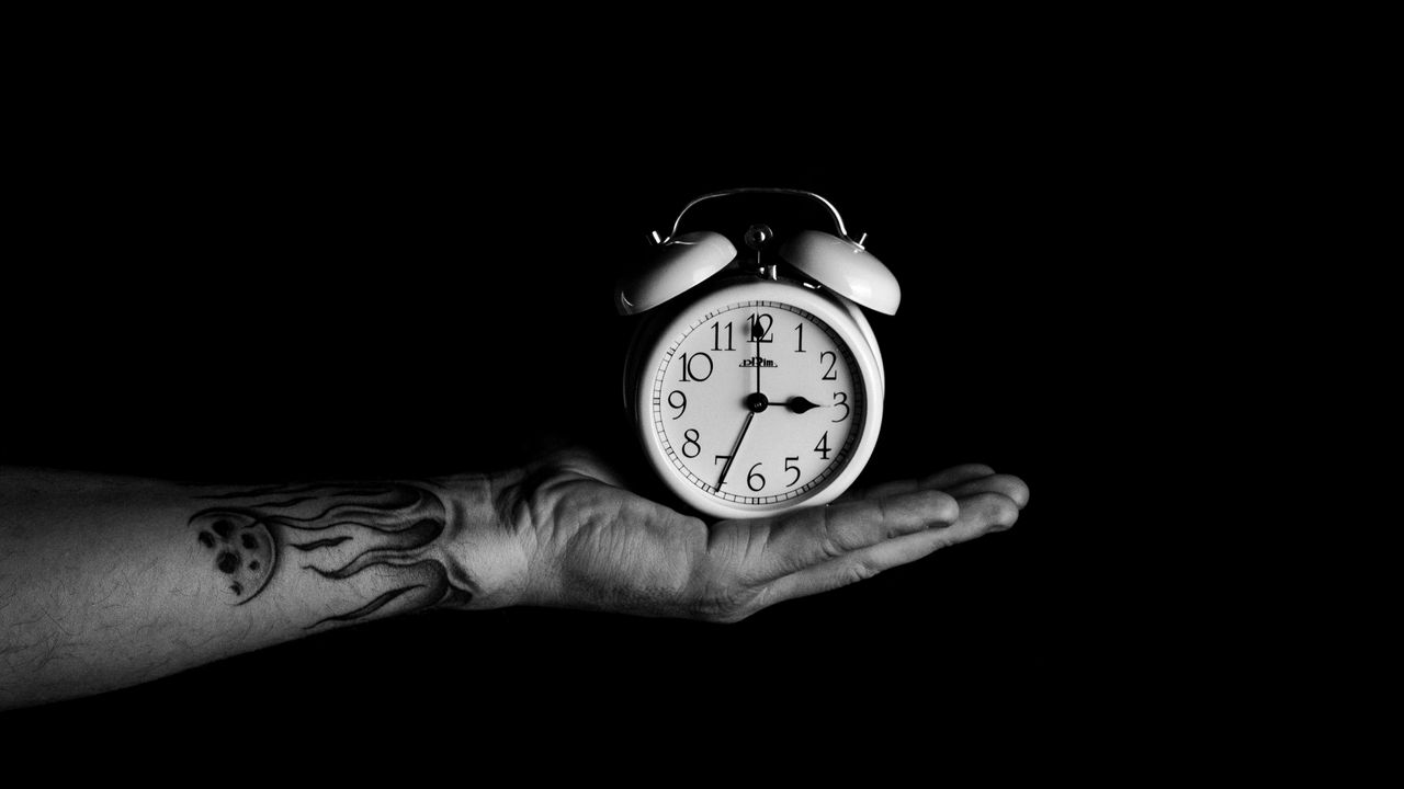 Wallpaper alarm clock, hand, bw, clock, time