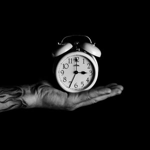 Preview wallpaper alarm clock, hand, bw, clock, time