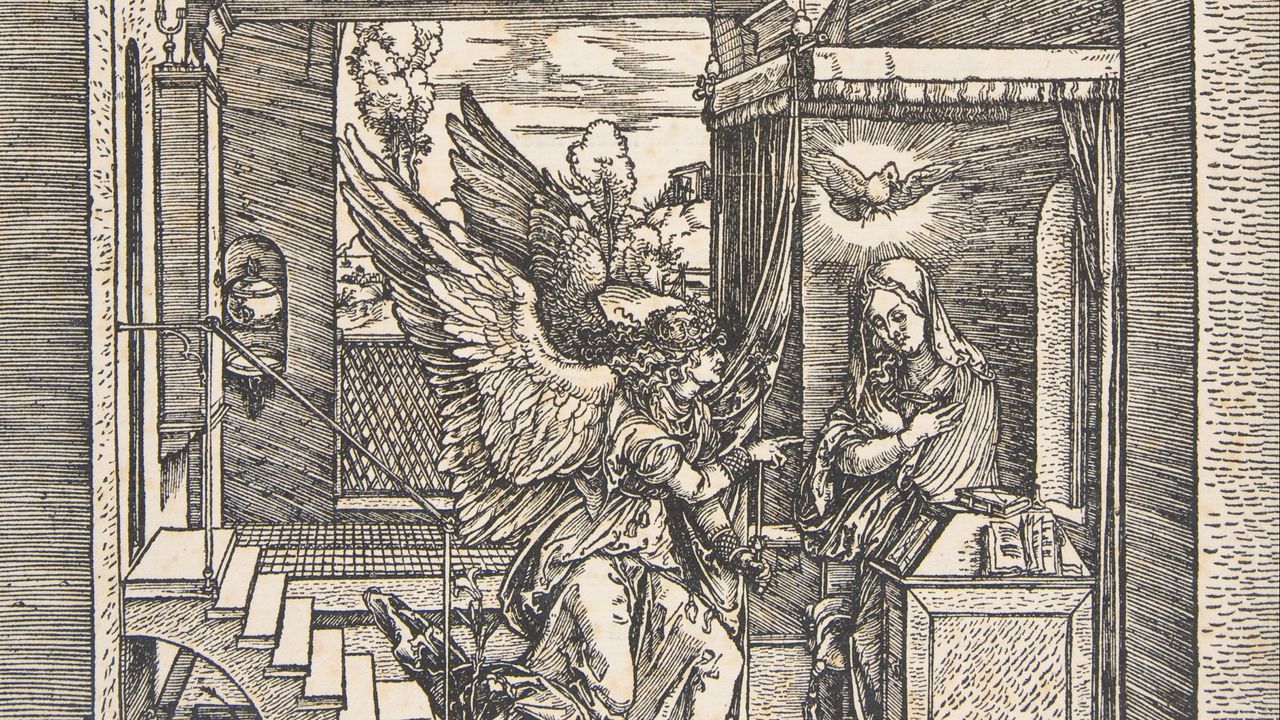 Wallpaper albrecht durer, the annunciation, from the life of the virgin, virgin mary, angels, archangels, engraving