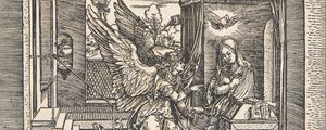 Preview wallpaper albrecht durer, the annunciation, from the life of the virgin, virgin mary, angels, archangels, engraving