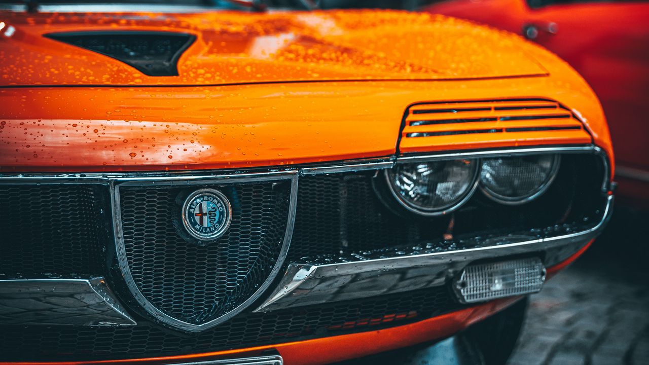 Wallpaper alfa romeo, car, orange, wet, front view
