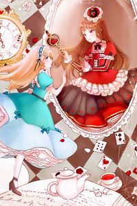 Preview wallpaper alice in wonderland, queen, girls, dresses, mirror, anime