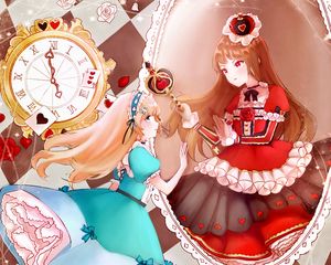 Preview wallpaper alice in wonderland, queen, girls, dresses, mirror, anime