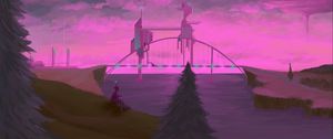 Preview wallpaper aliens, bridge, art, sky, tree, fantastic