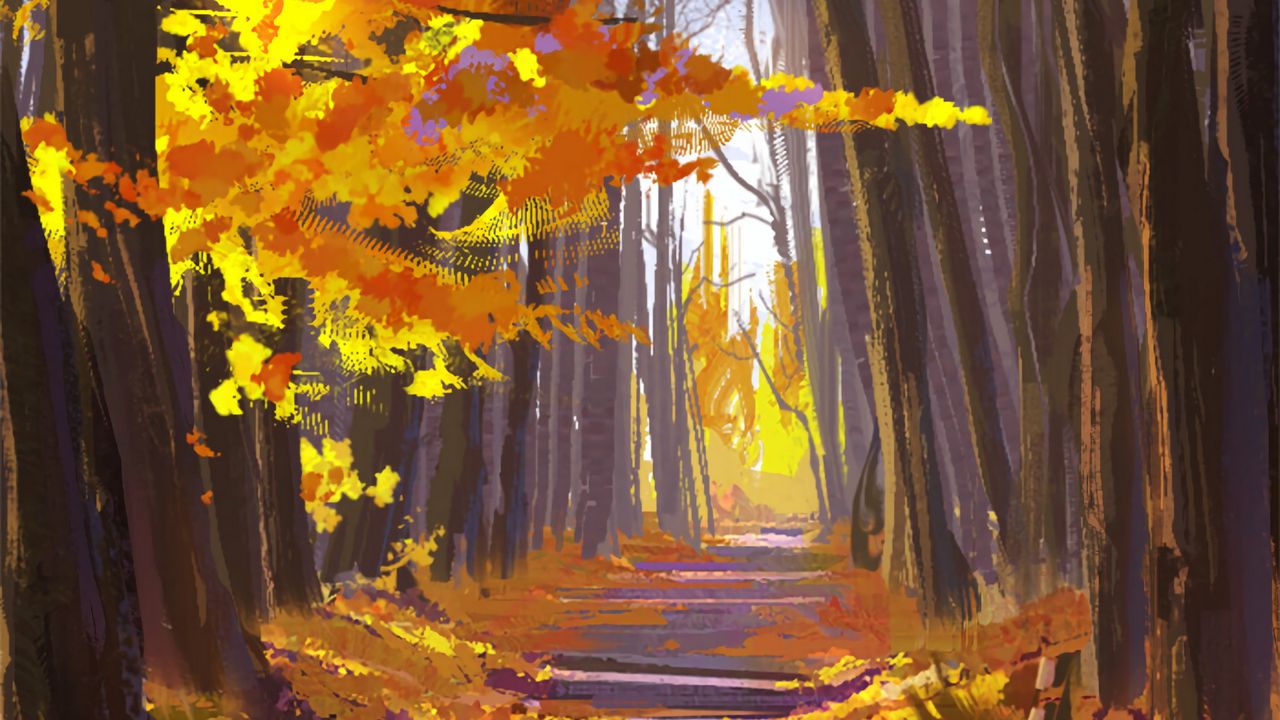 Wallpaper alley, trees, leaves, autumn, art