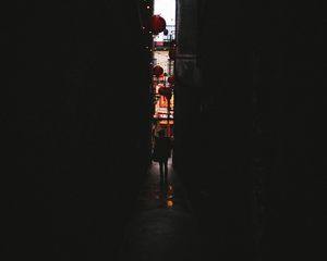 Preview wallpaper alleyway, dark, silhouette, garland, lanterns