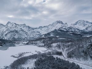 Preview wallpaper almsee, austria, mountains, winter, snow, lake