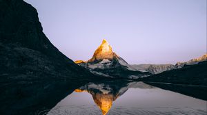 Preview wallpaper alps, mountains, lake, sunrise, reflection, riffelsee, switzerland