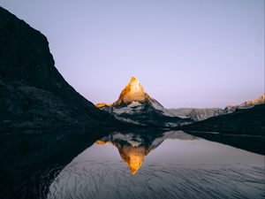 Preview wallpaper alps, mountains, lake, sunrise, reflection, riffelsee, switzerland