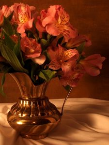 Preview wallpaper alstroemeria, bouquet, pitcher, fabric