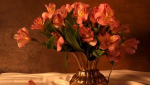 Preview wallpaper alstroemeria, bouquet, pitcher, fabric