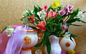 Preview wallpaper alstroemeria, flowers, bouquets, vases, scarf