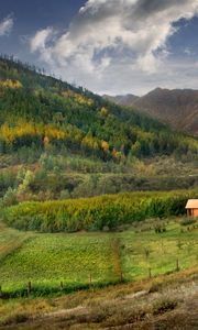 Preview wallpaper altai, mountains, autumn, lodges, pond, wood