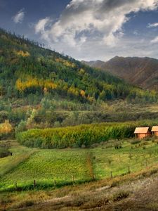 Preview wallpaper altai, mountains, autumn, lodges, pond, wood