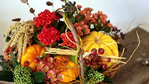 Preview wallpaper amaranth, flowers, basket, pumpkin, berries, composition