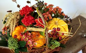 Preview wallpaper amaranth, flowers, basket, pumpkin, berries, composition