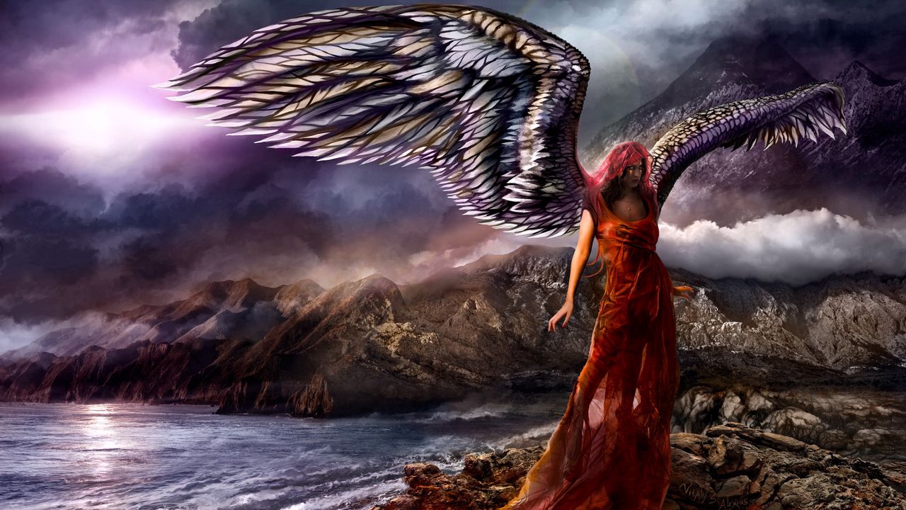 Wallpaper angel, girl, art, wings, shore hd, picture, image