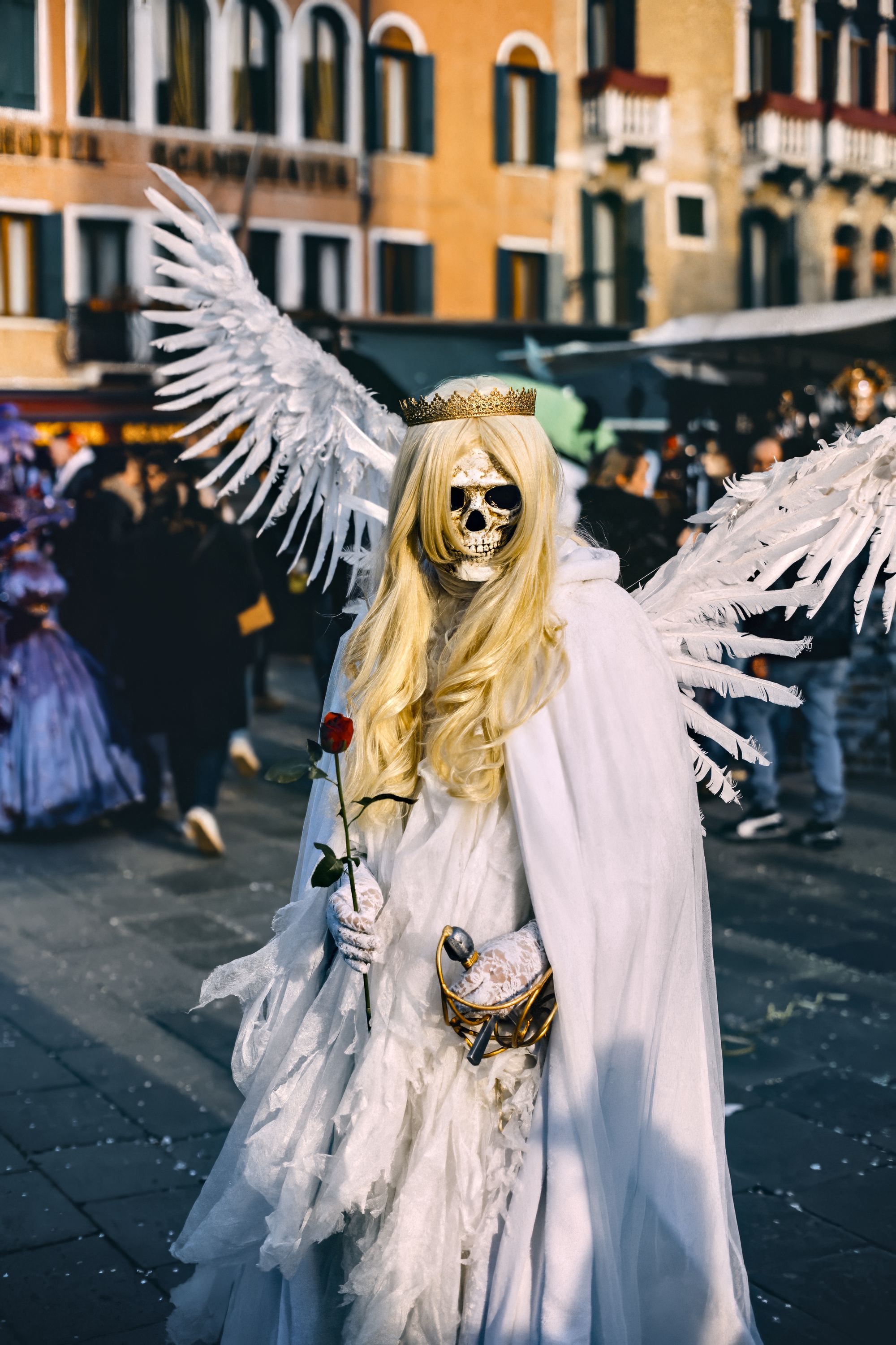 2000x3000 Wallpaper angel, skull, rose, crown, street