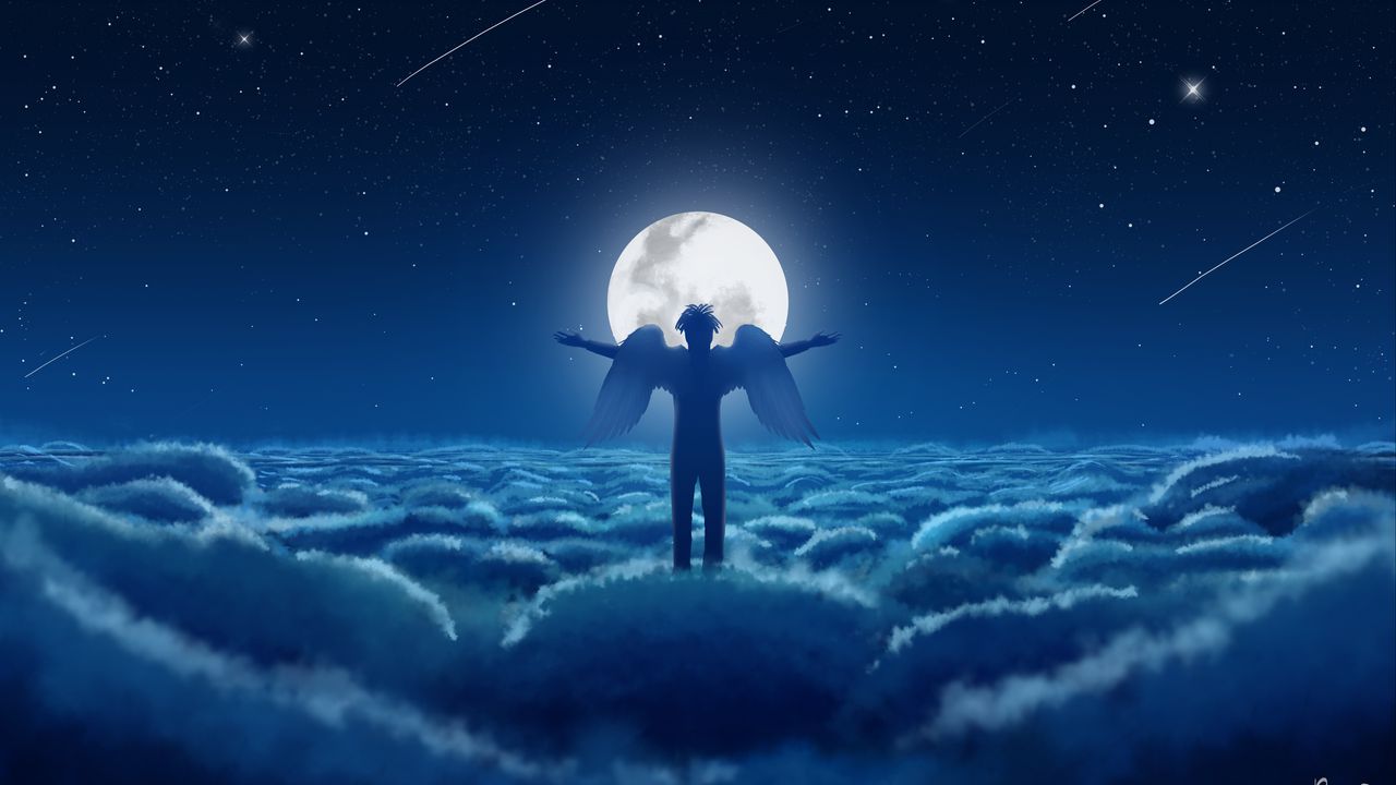 Wallpaper angel, sky, wings, moon, clouds