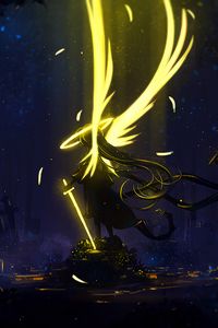 Preview wallpaper angel, wings, art, sword, dark, yellow