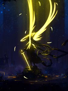 Preview wallpaper angel, wings, art, sword, dark, yellow