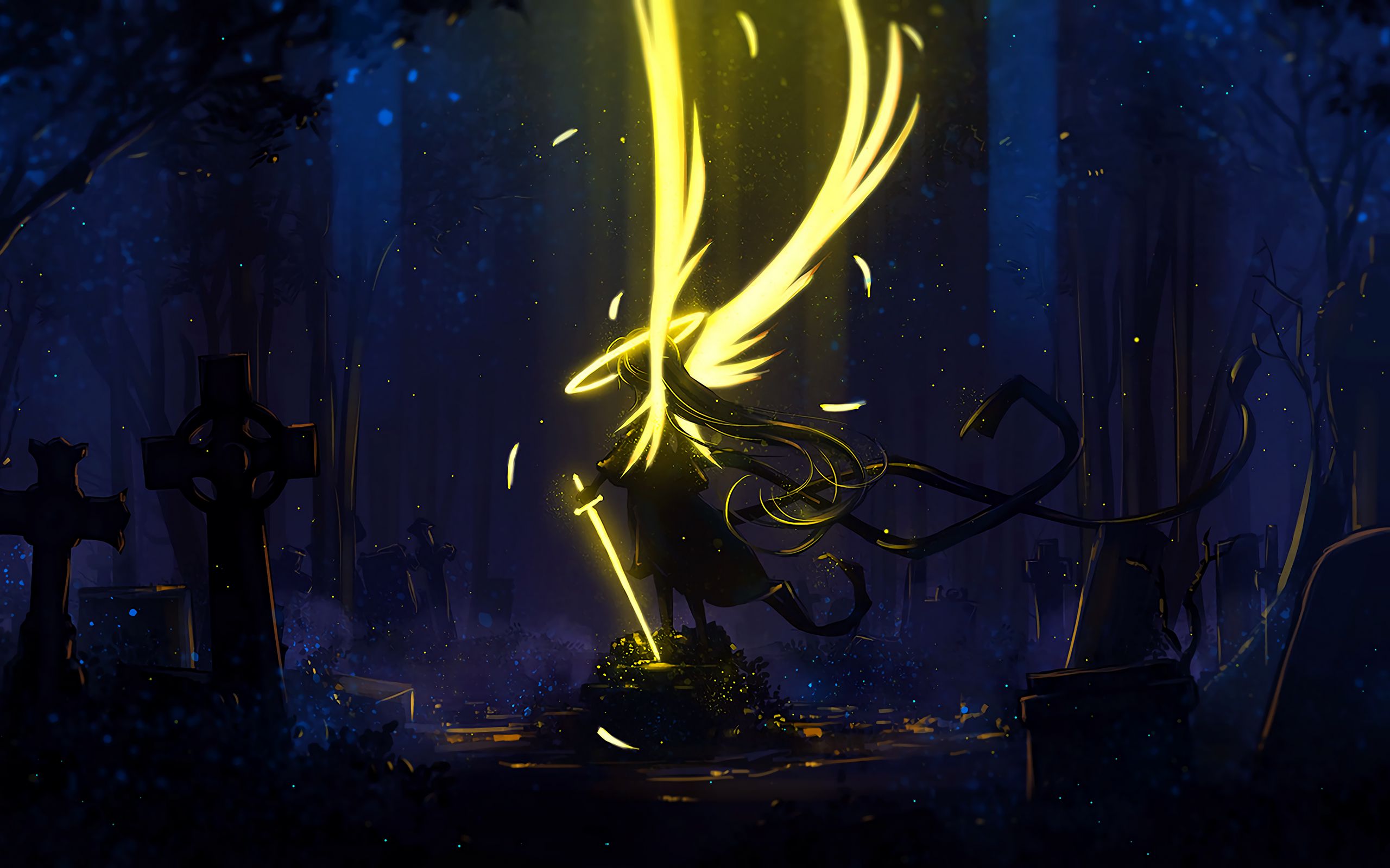 2560x1600 Wallpaper angel, wings, art, sword, dark, yellow