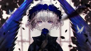 Preview wallpaper angel, wings, wreath, roses, anime, art, blue