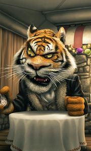 Preview wallpaper angry tiger cartoon, tiger, hare, cafes, food