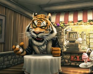 Preview wallpaper angry tiger cartoon, tiger, hare, cafes, food