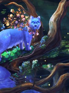 Preview wallpaper animal, fantasy, art, tree, branches, flowers