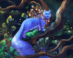 Preview wallpaper animal, fantasy, art, tree, branches, flowers