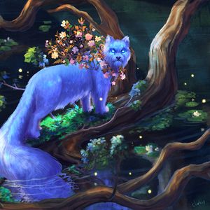 Preview wallpaper animal, fantasy, art, tree, branches, flowers