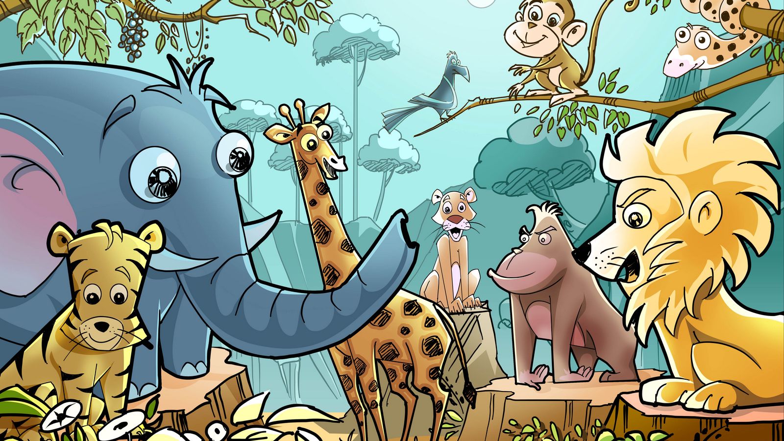 Download wallpaper 1600x900 animals, cartoon, drawing widescreen 16:9 hd  background