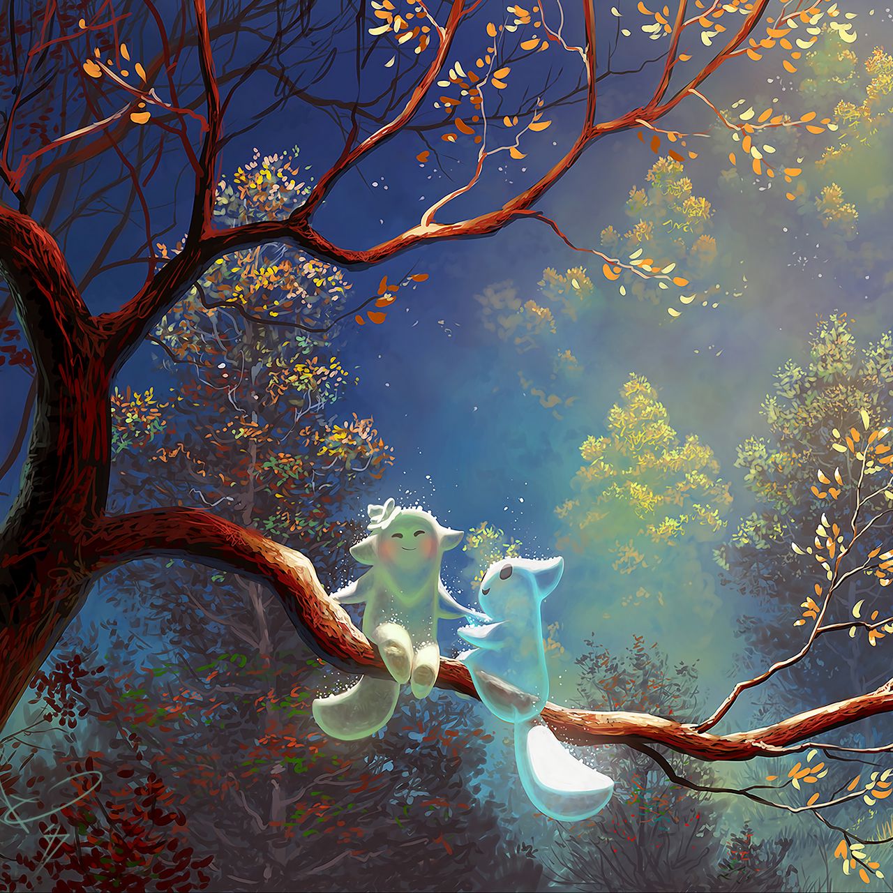 1280x1280 Wallpaper animals, tree, branch, magic, art, fantasy