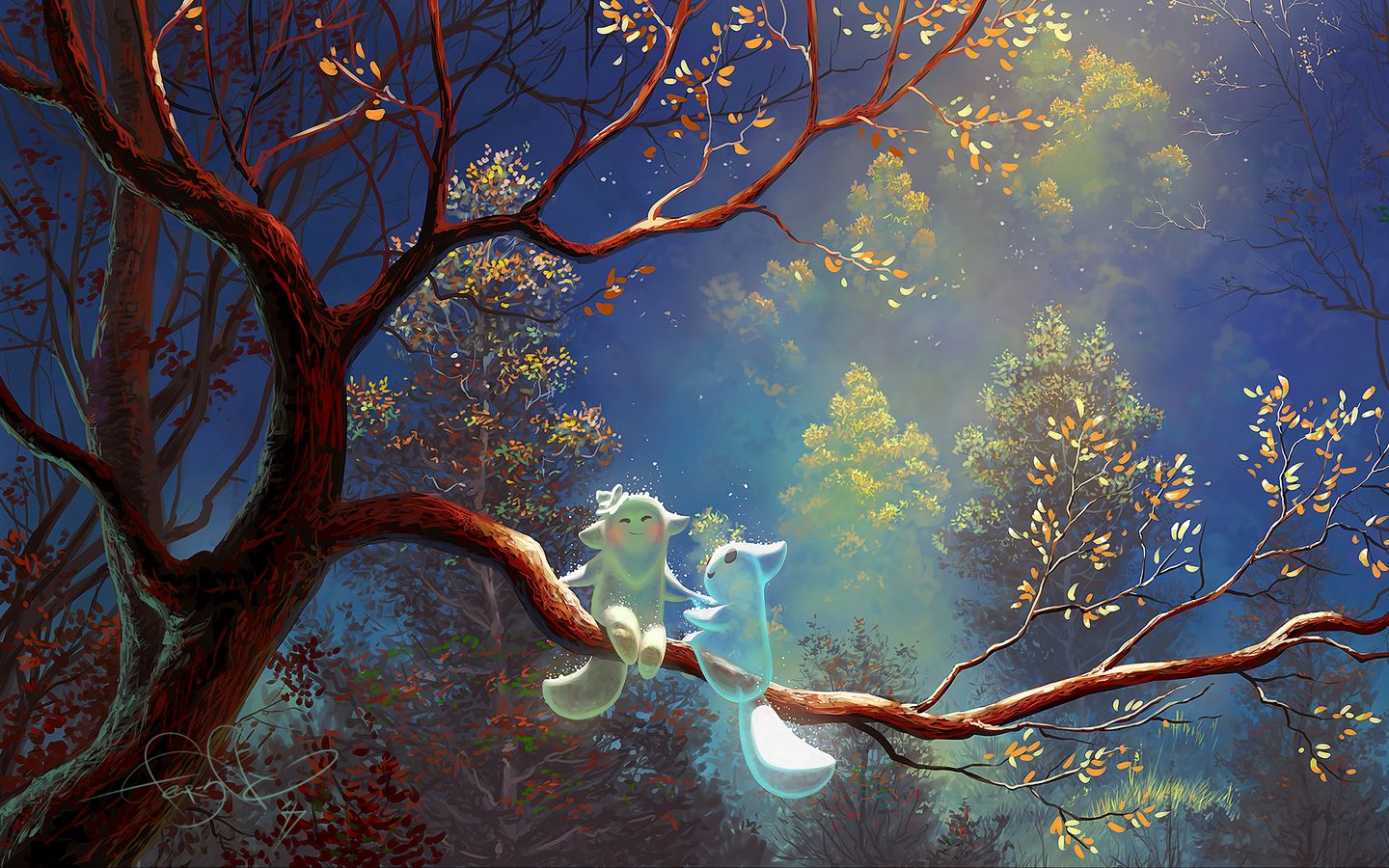 1440x900 Wallpaper animals, tree, branch, magic, art, fantasy
