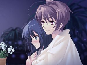 Preview wallpaper anime, boy, girl, pot, flower, hug, tenderness